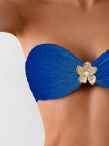 SHEIN Swim 女士金色花卉装饰简约日常抹胸上衣和下装比基尼套装，夏季泳衣 - 藍色 - 查看 4