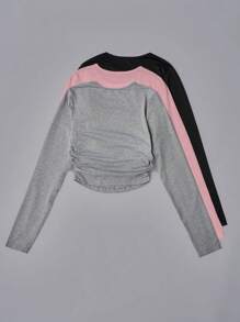 Chiquease 3 件套女士休闲纯色圆领长袖 T 恤套装，春夏 - 彩色 - 查看 3