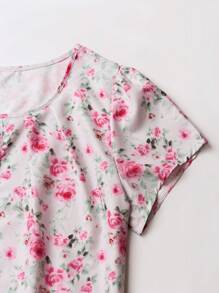 EMERY ROSE Women's Round Neck Floral Print Pleated Summer Blouse,Short Sleeve Tops - Multicolor - View 6