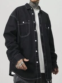 GALLERY FADE 男式黑色水洗牛仔撞色修边宽松落肩宽松衬衫 - 黑色 - 查看 7