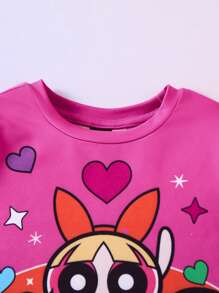 THE POWERPUFF GIRLS X SHEIN Baby Girl Casual Cartoon Print Pink Long Sleeve T-Shirt And Comfortable Leggings Set - Hot Pink - View 4