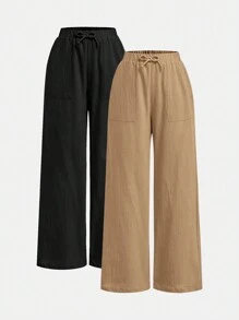 2pcs Loose Elegant Simple Comfortable Solid Color High-Waisted Wide Leg Pants For Tween Girls