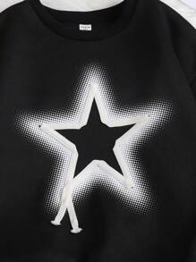 2 piezas/Set Sudadera negra con gráfico de estrella y falda plisada blanca para niña adolescente, conjunto informal - Blanco y Negro - Ver 3