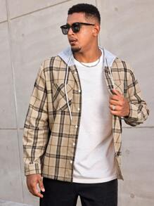 Manfinity Homme Plus Size Men's Plaid Long Sleeve Hooded Casual Loose Pocket Shacket, Spring/Autumn