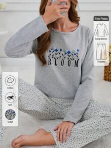 RueChic Cotton 2pcs Contrast Colour Flowers Detail PJ Set - Grey - View 3
