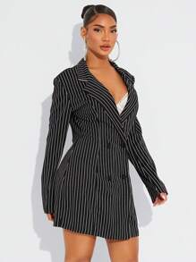 SHEIN SXY Elegante blazer de cintura ceñida a rayas negras y blancas para la oficina y el transporte en otoño/invierno