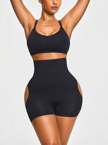 SHAPORA Pantalones cortos de control de figura con cintura alta y diseño calado de unicolor para mujer - Negro - Ver 11