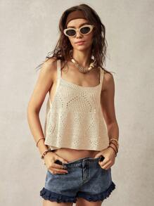 Bohemela Women's Solid Color Wide Strap Hollow Out Casual Knitted Top, Resort Wear - Apricot - View 6