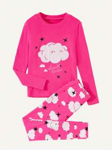 2pcs Tween Girls Cloud Print Casual Snug Fit Long Sleeve Top And Pants Pajamas Set