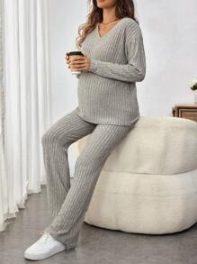 SHEIN 2 pièces/Set Blouse à manches longues col en V et pantalon unicolore, ensemble décontracté de maternité