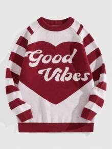 ROMWE MEN ROMWE Avant Men's Letter Graphic Round Neck Raglan Sleeve Striped And Heart Knit Sweater - Red - View 1