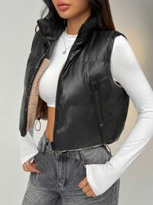 SHEIN EZwear Women's PU Splicing Teddy Fleece Reversible Sleeveless Vest With Pockets, For Autumn/Winter