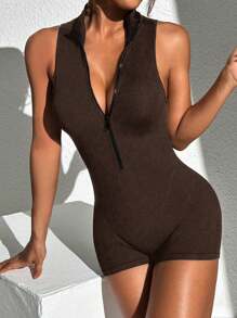 SHEIN Sport Studio Women's Summer Solid Color Stand Collar Zipper Half-Placket Casual Yoga Sports Romper