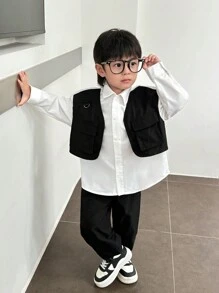 SHEIN 2 件装年轻男孩休闲运动连帽背心，配有实用口袋和正装衬衫，搭配编织工装裤套装，适合返校装、学校装、日常装、节日派对、秋冬季，羊毛，加厚 - 黑與白 - 查看 3