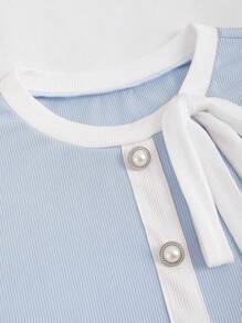 Sweetra Women's Color Block Round Neck Short Sleeve Single Breasted Decorated T-Shirt, Summer Graphic Tees Women Tops