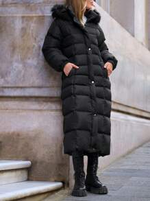 EURMUSE Fur Detailed Hoodie Long Belted Puffer Coat - Black - View 4