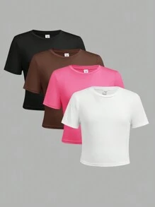 SHEIN 3pcs/Set Tween Girls Crew Neck Solid Color Comfy Short Sleeve T-Shirts - Hot Pink - View 1