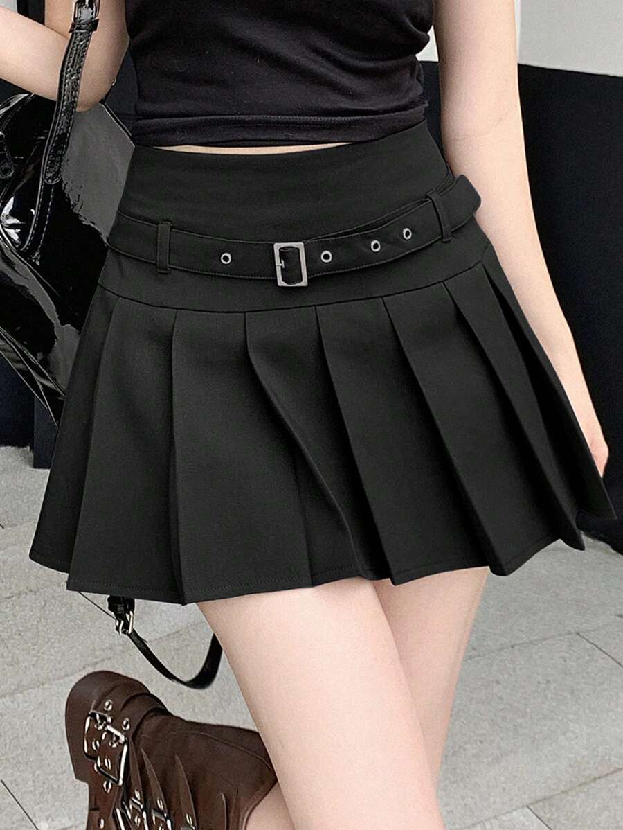 DAZY Women's Solid Color Elasticated Waist Pleated A-Line Skirt Fall Skirts - Black - View 1