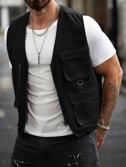 Manfinity Homme Men's Solid Color Zip-Up Pockets Casual Going Out Outdoor Windbreaker Vest, For Friends, Husband, Boyfriend Gifts, For Fall