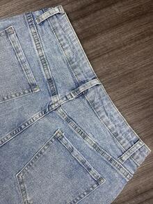 Women's Casual Denim Shorts With Pockets, Rhinestone Decor And Tassel Hem - Blue - View 7