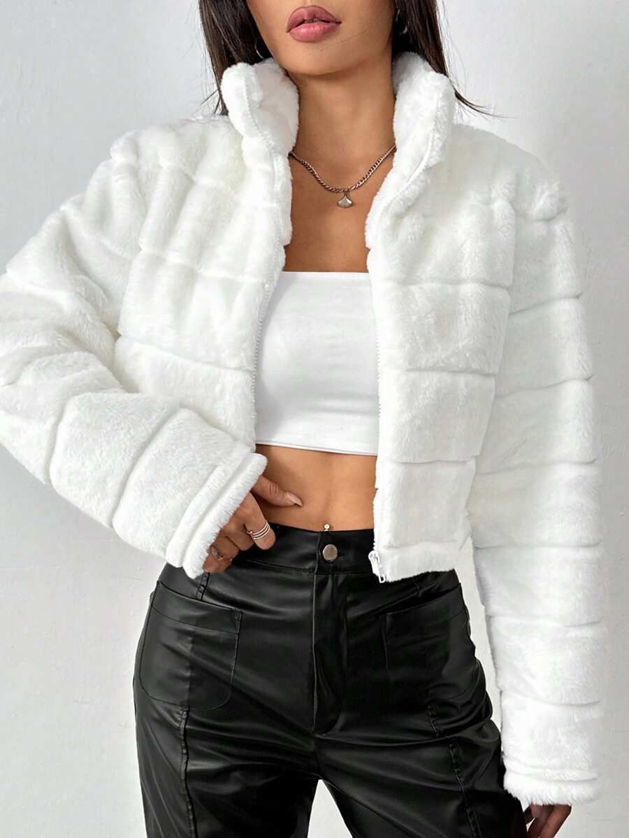 Flirla Women's Solid Color White Stand Collar Long Sleeve Fleece Short Jacket, Autumn Winter Fall Cloth For Women - White - View 1
