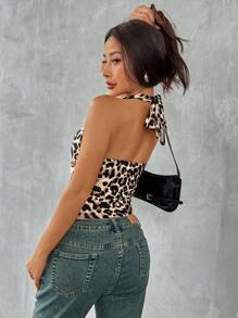 SHEIN EZwear Women's Leopard Print Sleeveless Short Halter Neck V-Neck Design Tank Top - Multicolor - View 2