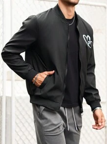 Manfinity Homme Chaqueta de béisbol de manga larga con estampado de corazón para hombres, para primavera/otoño