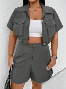 Flirla 2 件大码女式纯色休闲短袖上衣和短裤套装 - 深灰色 - 查看 7