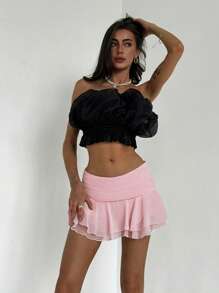 Aloruh Ultra Low Waist Ruffled Multi-Layer Flouncy Elegant Pink Mini Skirt With Textural Chiffon Fabric - Baby Pink - View 4