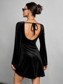 SHEIN Tall Váy ngắn tay dài hở lưng nhung đen cho nữ mùa thu phù hợp cho mùa thu đông - màu đen - Xem 4