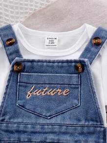 SHEIN Vintaside Kids 男婴背带连体衣+白色短袖衬衫套装 - 藍白色 - 查看 7