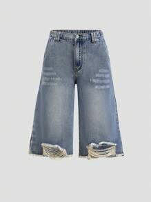 TEEN GIRL Y2K Vintage Streetwear Cool Wide-Leg Denim Shorts With Washed Elastic Waist, Frayed Hem And Distressed Details - Light Wash - View 1