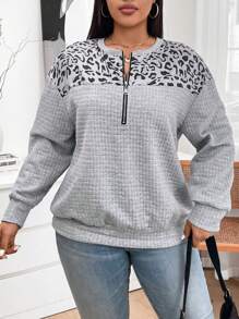 SHEIN LUNE 大码女式豹纹半拉链门襟卫衣，秋冬季旅行机场休闲上衣，毕业季、教师节、返校季秋季必备 - 灰色 - 查看 4