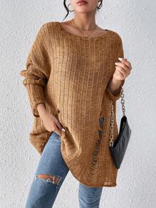 SHEIN EZwear 女士休闲宽松圆领长袖上衣 - 卡其色 - 查看 6