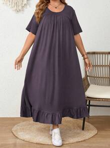 Mulvari Großgrößenkleid mit Rundhalsausschnitt, kurzen Ärmeln, Raffungen und lässigem, elegantem Stil, Maxikleid für Damen - Grauviolett - Übersicht 7