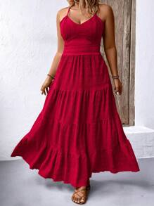 Breezaya Plus Size Boho Solid Color Ruffle Hemline Backless Spaghetti Strap Sleeveless Dress For New Year Maxi Women Outfit, For Summer
