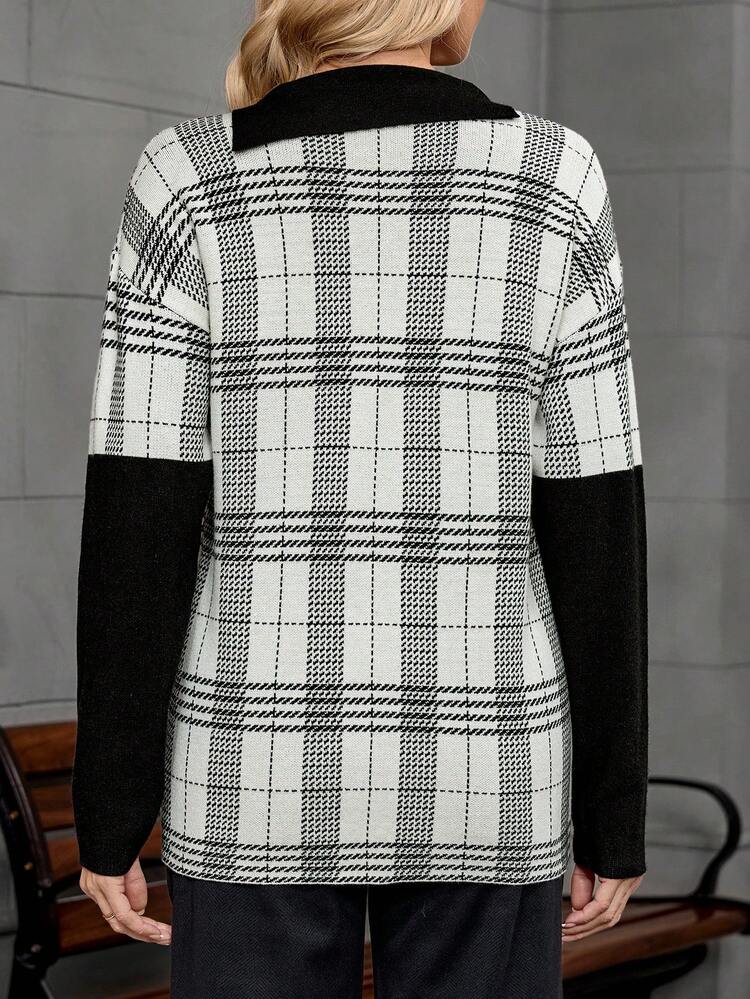 Women's Turndown Collar Dropped Shoulder Long Sleeve Plaid Knitted Sweater