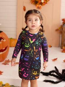 SHEIN Babymeisjes schattige gebreide stretch cartoon graffiti patroon jurk met lange mouwen, Halloween