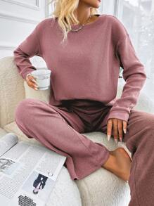 Cloudara Drop Shoulder Tee & Wide Leg Pants - Pink - View 3