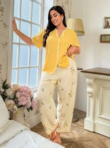 CottageSlumber Plus Size Women's Solid Color Top & Floral Printed Pants Pajama Set - Yellow - View 4