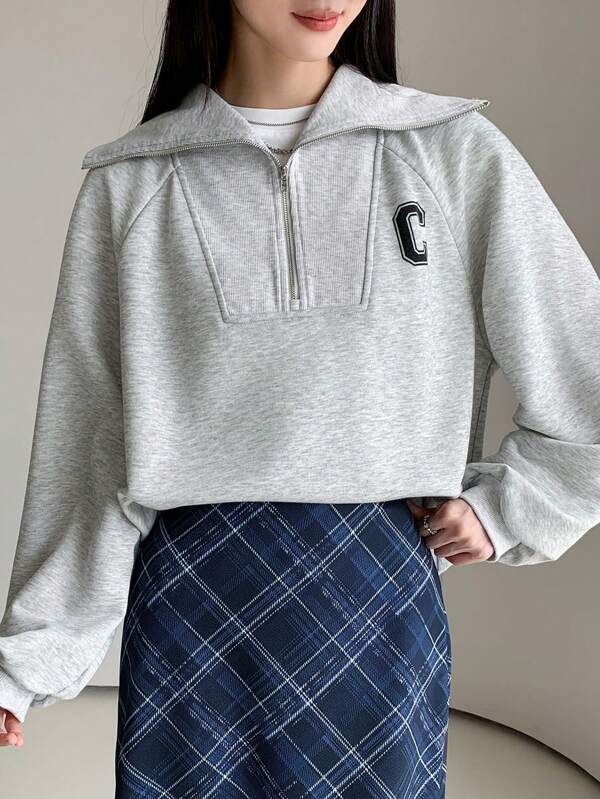 EastFlair Damen einfarbiger Pullover mit Frontreißverschluss und Buchstaben-Muster, Langarm, Lässig Alltags-Tragen