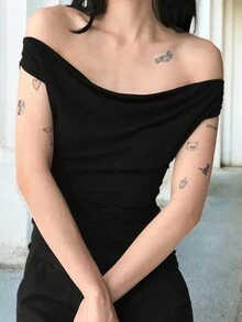 Women's Elegant Solid Color Off Shoulder Sleeveless T-Shirt, Summer - Black - View 5