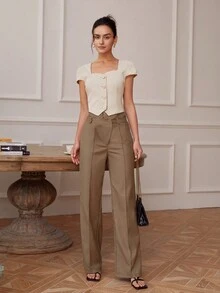 女士休闲简约前扣短款鸡心领上衣，春夏商务休闲装，度假装 - 杏色 - 查看 3