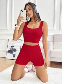 SHEIN EZwear 针织女士休闲运动套装 - 玫瑰紅 - 查看 6