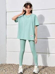 SHEIN Teen Girls' Woven Label Knitted Solid Color T-shirt And Leggings Set