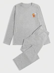 RueChic Cotton Men Bear Printed Button Neck Regular Long-Sleeve Homewear Set - Grey - View 7