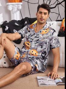 CoupledUp Herenpyjamaset met reversoverhemd en broek met Halloween-thema