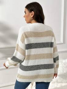 SHEIN Frenchy 大码多色条纹蓬松开衫，适合冬季 - 彩色 - 查看 2