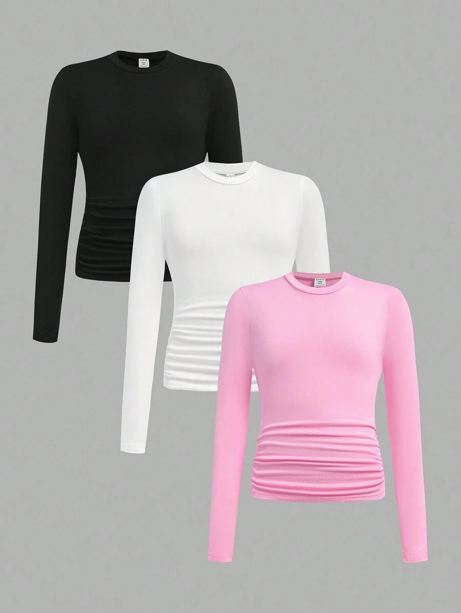SHEIN 3pcs/Set Tween Girl Casual Ruched Waist Round Neck Short Fitted Long Sleeve T-Shirts, School, Campus, College Chic Outfits For Autumn/Winter - Multicolor - View 1