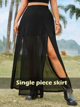 SHEIN EZwear Damen Große Größen Sommer Rock mit Schlitz und durchsichtigem Mesh (Unterhose nicht enthalten)